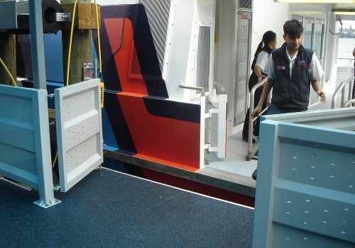 Elevating Ferry Dock's embarkation platform is precisely leveled with the ferry’s deck by the staff onboard